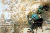 Image shows the painting, 'Dickens's dream', in which Charles Dickens sleeps in a sepia-toned room. The only colourful part is where the images from his dreams - reflecting scenes from his novels - swirl around his head.